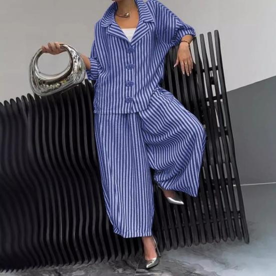 Completo casual da donna, camicia a maniche lunghe, pantaloni harem a gamba larga, set da 2 pezzi, pantaloni a nove punte a righe con risvolto autunnale, completo da donna