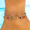 3pcs Set Simple Gold Color Evil Eye Anklets Set for Women Colorful Heart-crystal Chain Multi Layer Anklet Bohemian Beach Jewelry