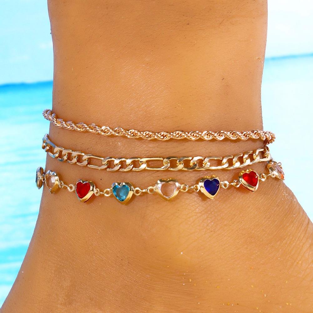 3pcs Set Simple Gold Color Evil Eye Anklets Set for Women Colorful Heart-crystal Chain Multi Layer Anklet Bohemian Beach Jewelry