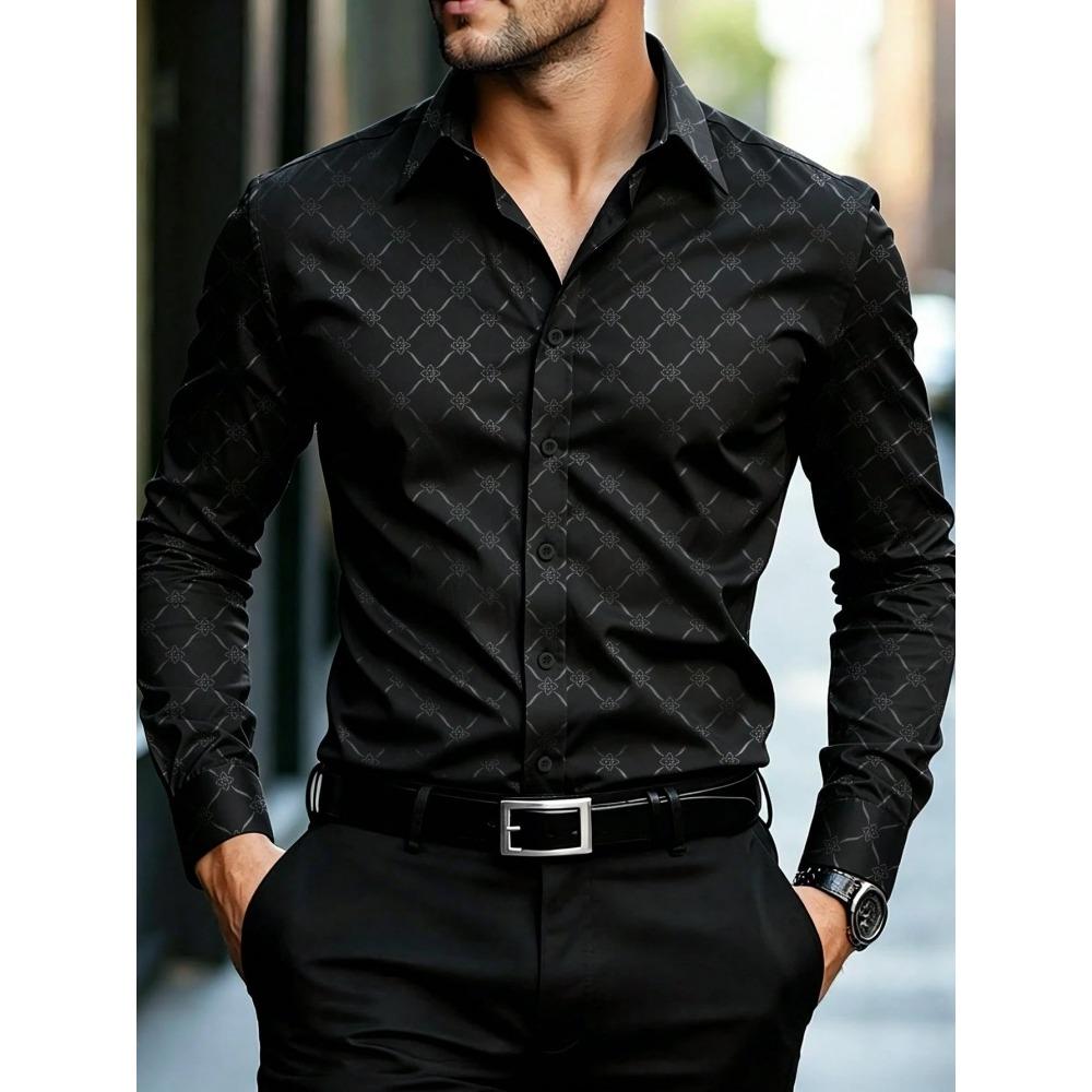 Light Luxury Dark Patterned Diamond Shaped Men's Shirt, Silky Slim Fit Shirt, European and American High-end Dark Printed Shirt