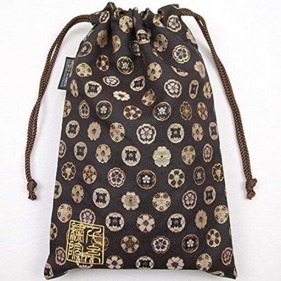 Senshishuin Nishijin Brocade Drawstring Bag with Chinese Flower Dark Large (Lined) Pattern, Brown,