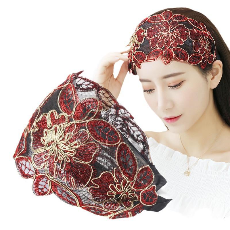 Korean Ethnic Style Embroidered Headband: Wide Lace Hairband for Concealing White Hair, Slimming Face Effect, Fashionable Hair Clip Accessory