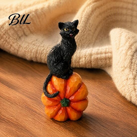 Seasonal Festive Atmosphere Props Halloween Black Cat Pumpkin Ornament, Vintage Wood Carving Style Retro Decor Resin Figurine, Spooky Tabletop