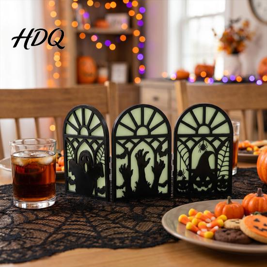 Wear-resistant Halloween Table Ornament Glow-in-the-Dark Decoration, Witch Ghost Silhouette Design, Stable Solid Wood Foldable Luminous Ornament, for