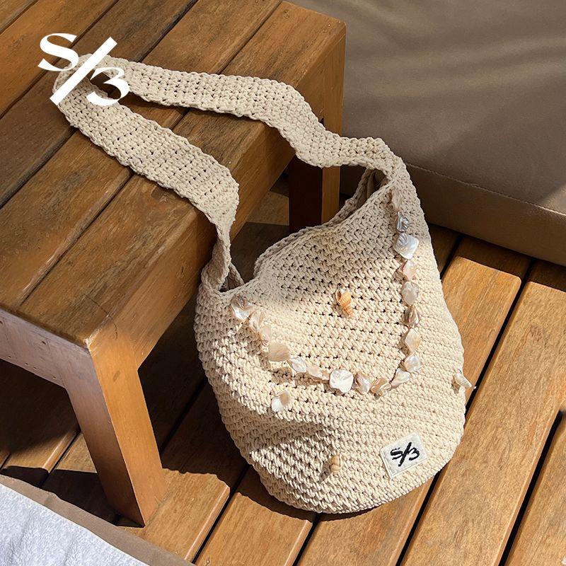 

Girl DNA Original Ocean Series Summer Holiday Style Handmade Woven Bag All-Match Shoulder Bucket Straw Bag Beige