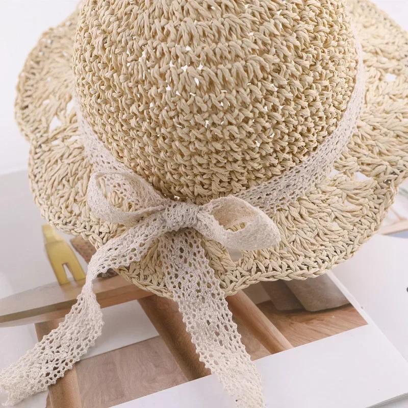 Cute Fashion Summer Children's Straw Hat Girls Breathable Lace Cap Bow Beach Sun Hat Wide Brim Kids Princess Travel Sunshade Hat