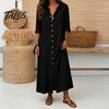 Soft Fabric Dress Women's Summer Button Down Long Dress, Casual Loose V Versatile Women Neck Tunic Roll Up Sleeve Vacation Lounge Outfits Lightweight