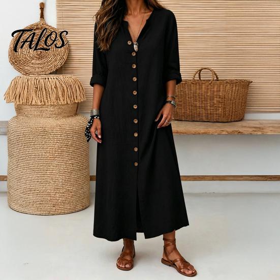 Soft Fabric Dress Women's Summer Button Down Long Dress, Casual Loose V Versatile Women Neck Tunic Roll Up Sleeve Vacation Lounge Outfits Lightweight