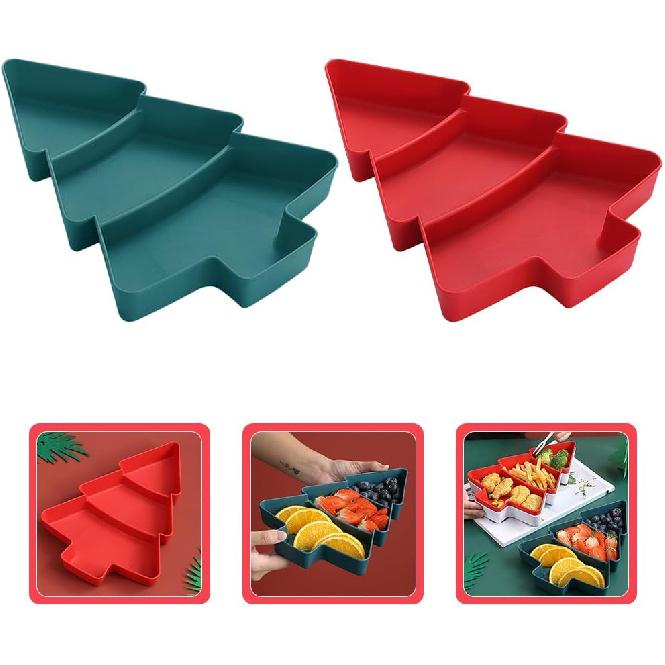 Amosfun Christmas Tree Snack Serving Tray 3 Grids Tree Shaped Plates for Dried Fruits Candy Nuts Treats Snack Christmas Party Favors 7 x 10 x 1.2
