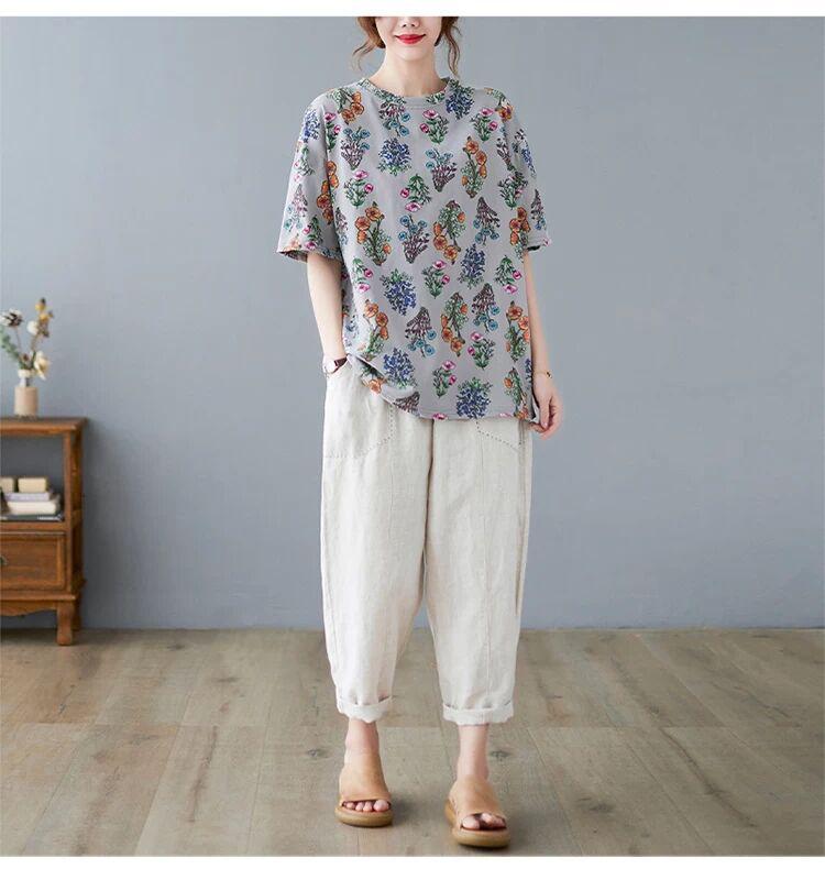 Floral Short-sleeved T-shirt Women's Plus Size Women's Spring and Summer Bottoming Shirt Casual Literary Blouse Loose and Thin