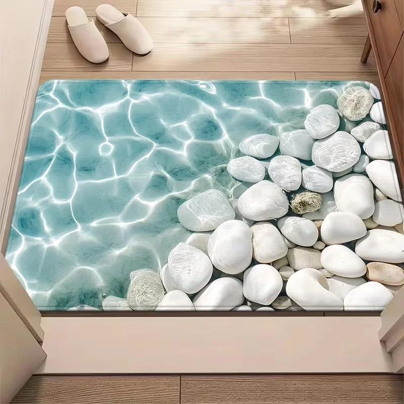 3D Beach Starfish Seashell Bath Mat Non‑Slip Absorbent Coastal Rug