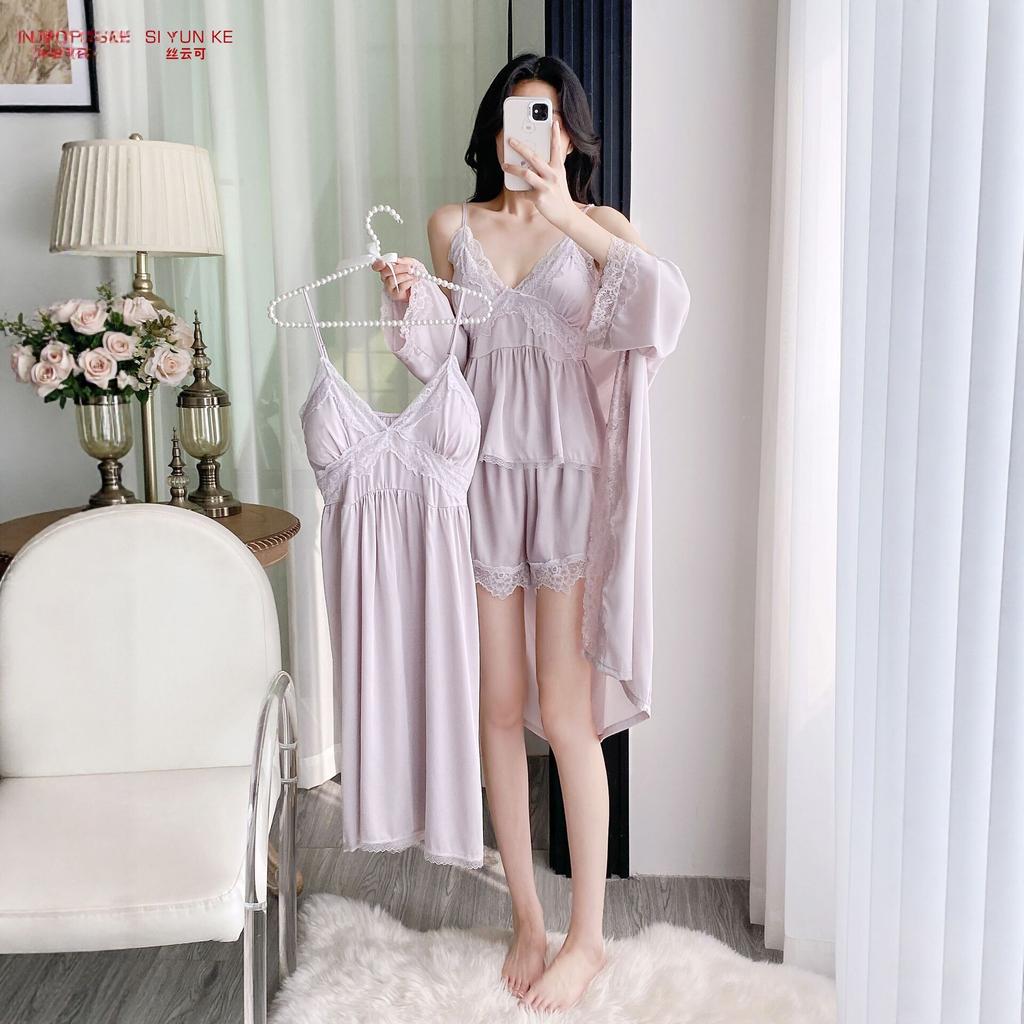 New pure desire wind lace suspender nightdress three-piece summer ice silk loungewear set sexy pajamas for women