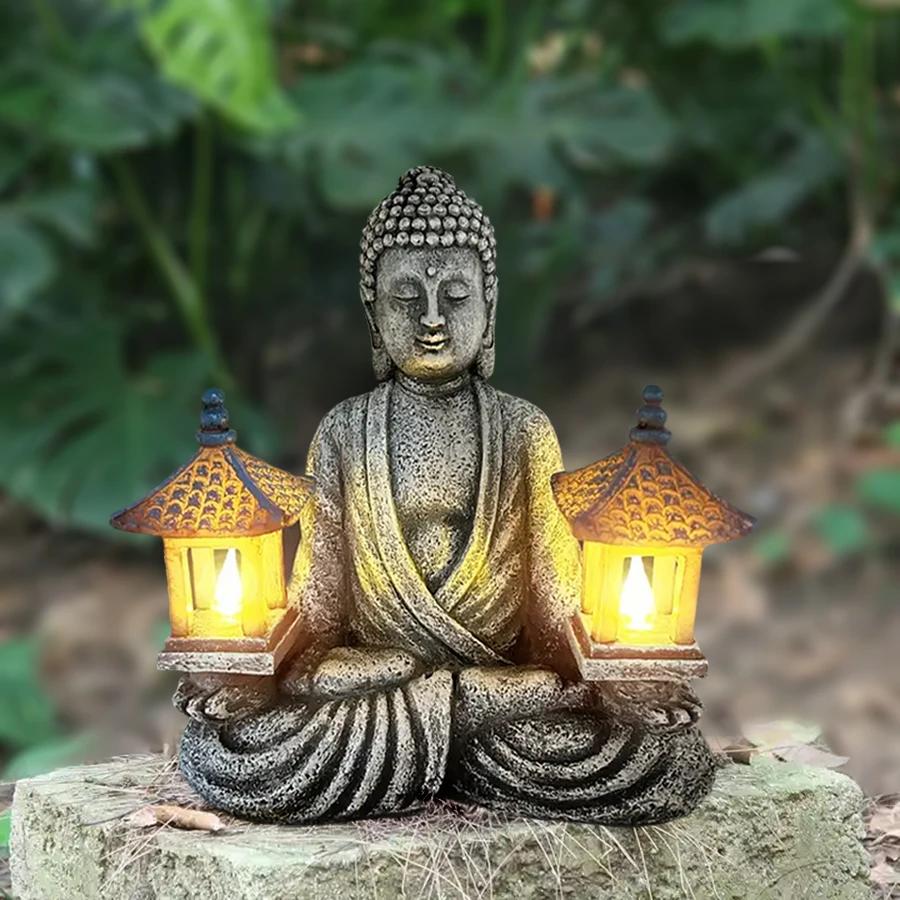 1pc Lighthouse Buddha Statues with LED Lights, Solar-Power Buddha Sculpture Decor for Home Garden, Yard, Patio, Yoga