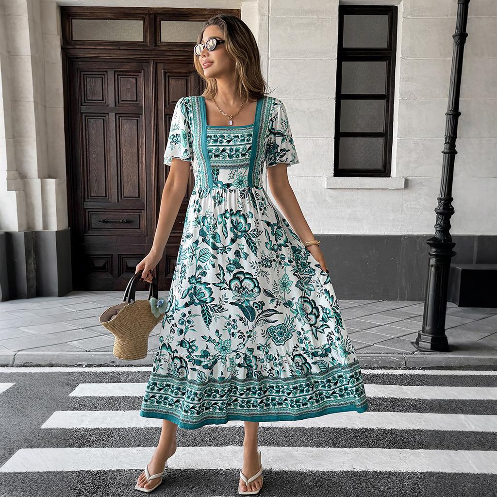 Elegant Vacation-style Printed Short-sleeved Long Dress for Women's Spring and Summer
