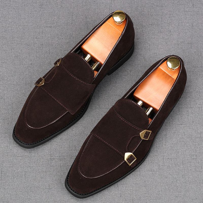 Fashion Fashion New Men's Pointed Suede Leather Monk Strap Loafers Male Luxury Designer Homecoming Wedding Dress Prom Evening Shoes