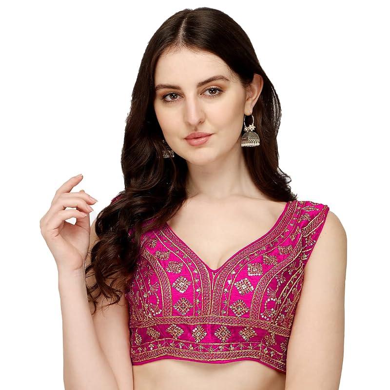 Vihu Fashion Women'S Silk Embroidery Sequins Zari Work Readymade Saree Blouse