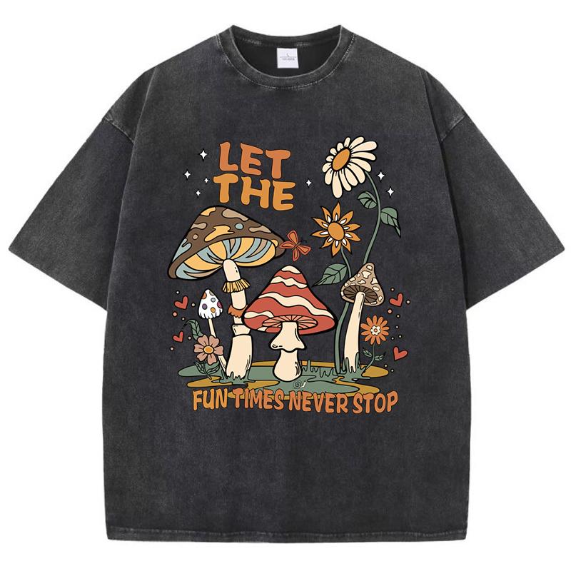 Fun Times Never Stop Mushroom Sunflower Print Washed Womens T-Shirt Loose T Shirts Summer Cotton Streetwear Clothes