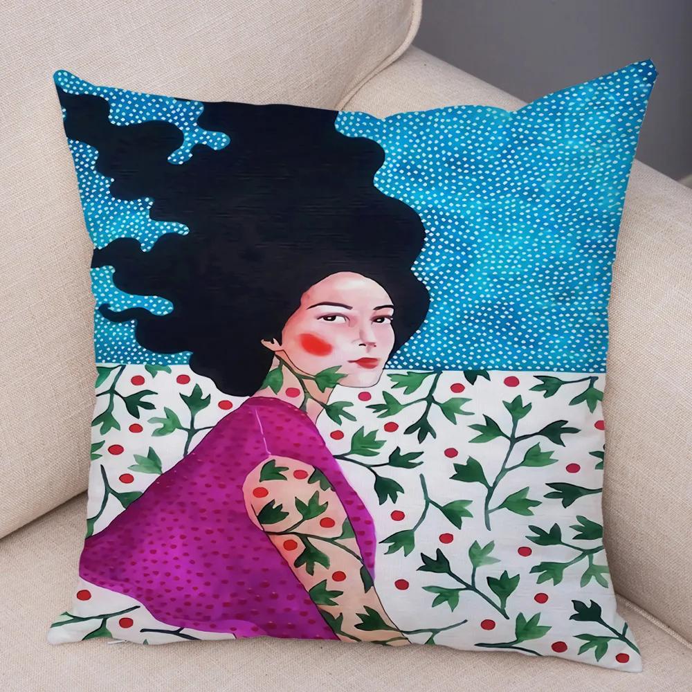 Fashion Abstract Girl Pillowcase Soft Plush Decor Cartoon Flower Lady Cushion Cover for Sofa Home Throw Pillow Case 45x45cm