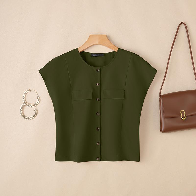 ZANZEA Women Casual Round Neck Solid Color Short Sleeve Blouse