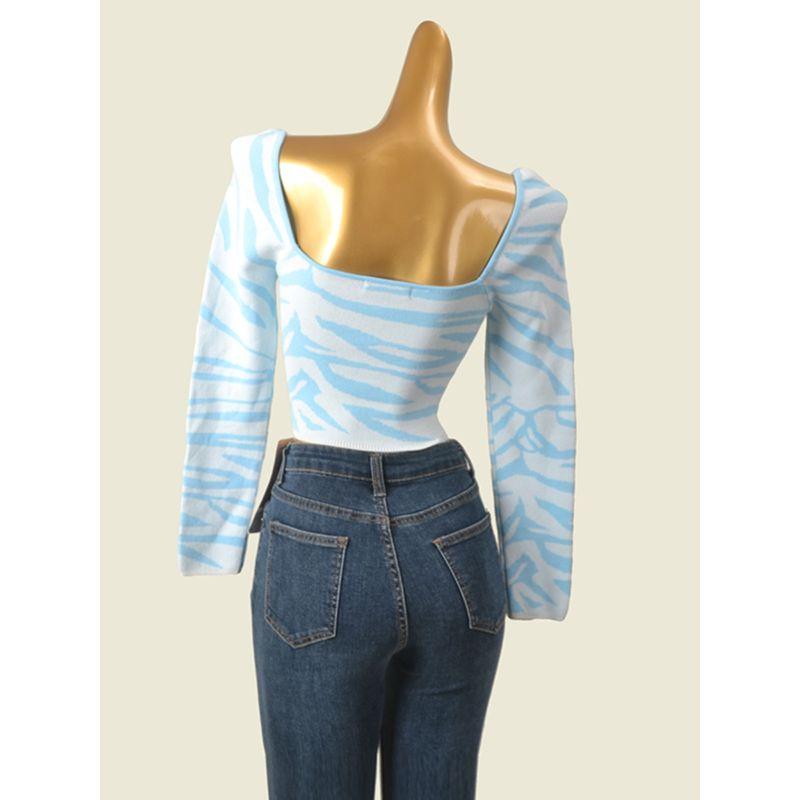 European and American Sexy Peach Collar Knitting Long Sleeves Tops Summer Common Blue and White High Waist Short Open Back Chic Bottoming Shirt