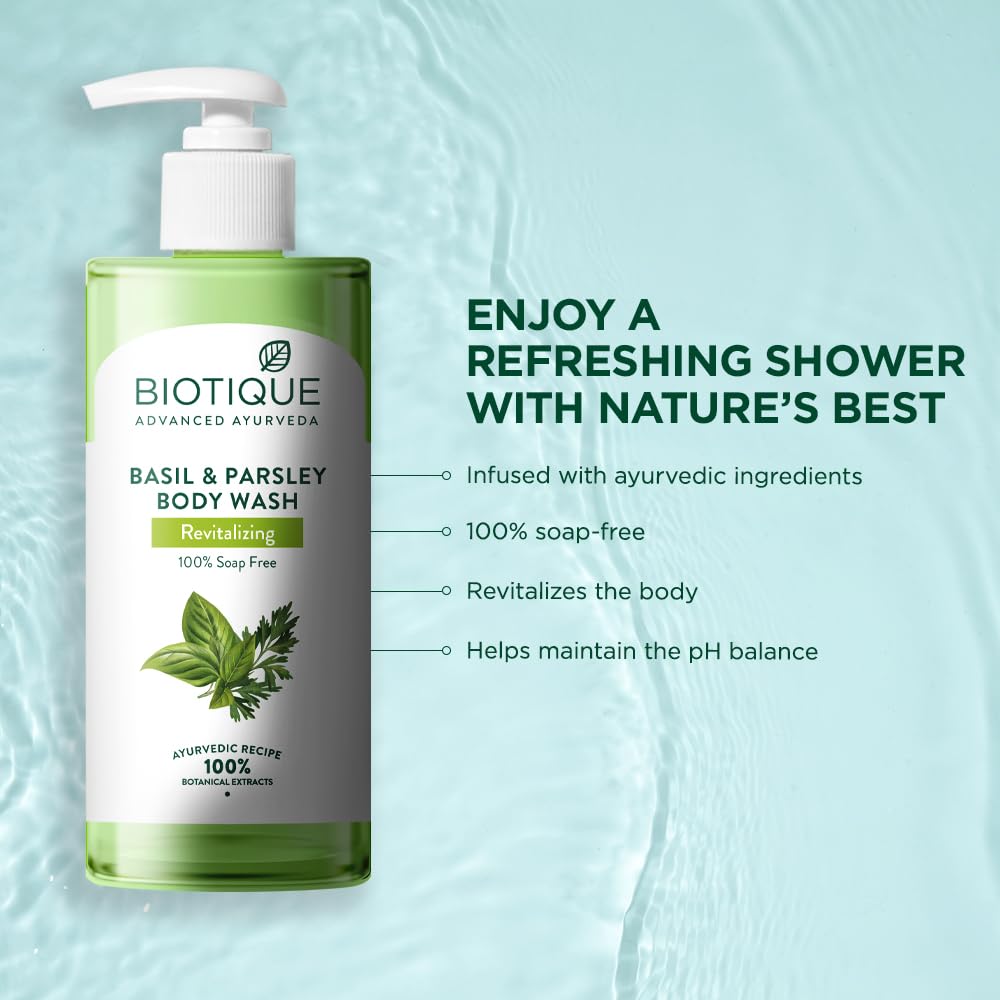 Biotique Basil & Parsley Body Wash 300ml, Revitalizing & Soothing Gel for All Skin Types, Natural Brightening Shower Cleanser