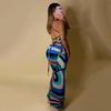 European and American style summer new personalized street digital printing low-cut backless high-waisted thin dress