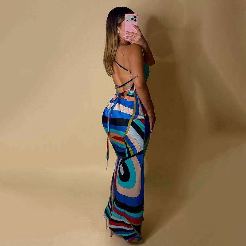 European and American style summer new personalized street digital printing low-cut backless high-waisted thin dress