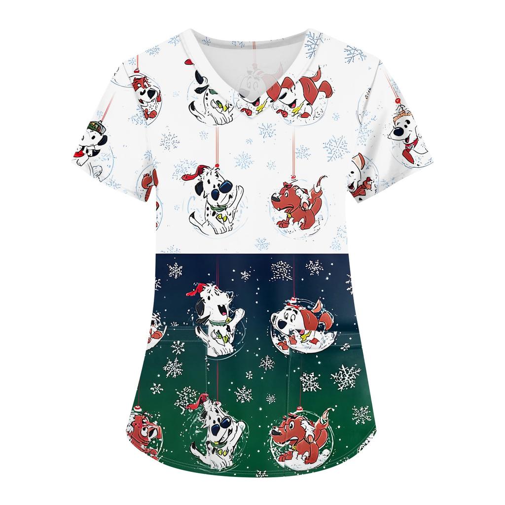 Dámské módní pracovní oděvy s krátkým rukávem a výstřihem do V s kapsami Vánoční topy s potiskem