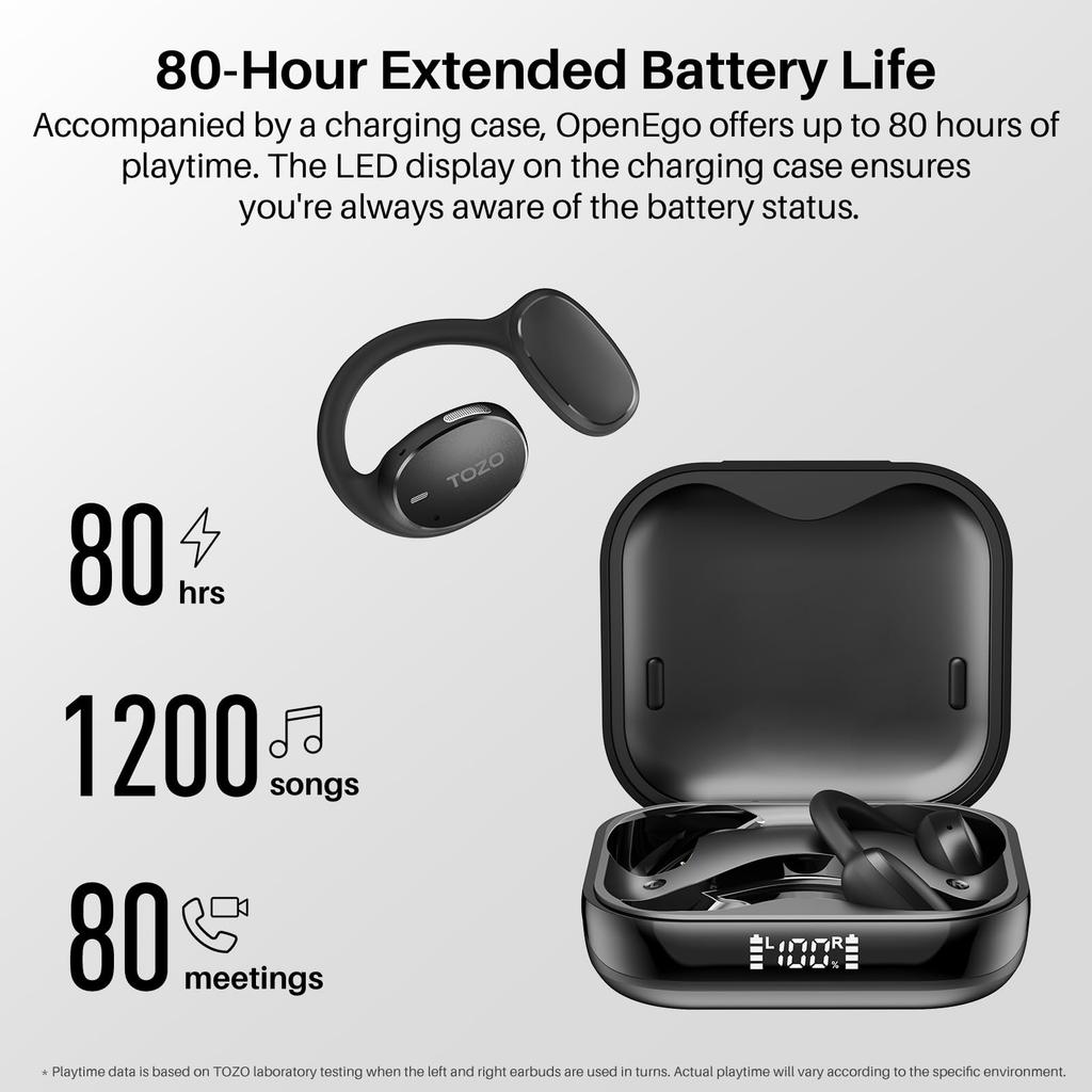 TOZO OpenEgo Wireless Open-Ear Headphones, 5.3" Bluetooth Sport Earphones with Digital Display and Ear Hooks for Long Playtime, Dual Mic for Clear