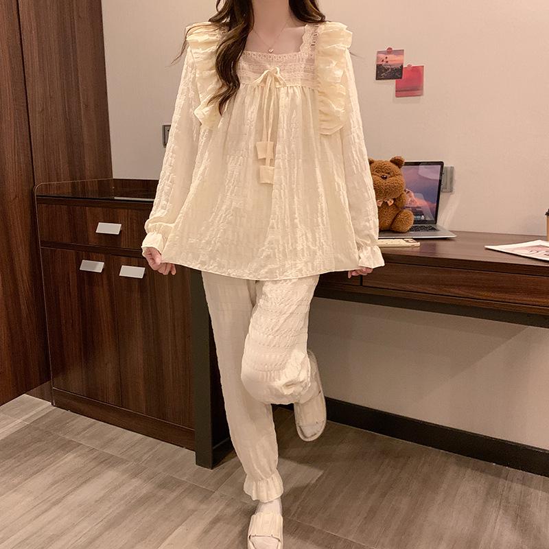 Japanese-Style Lace Bubble Crepe Pajamas for Women - Spring Long Sleeve Solid Color