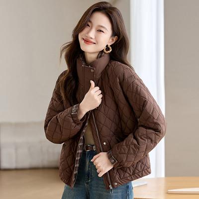 Damen Modischer Lockerer Herbst Winter Stehkragen Diamantgitter Dünner Baumwollmantel