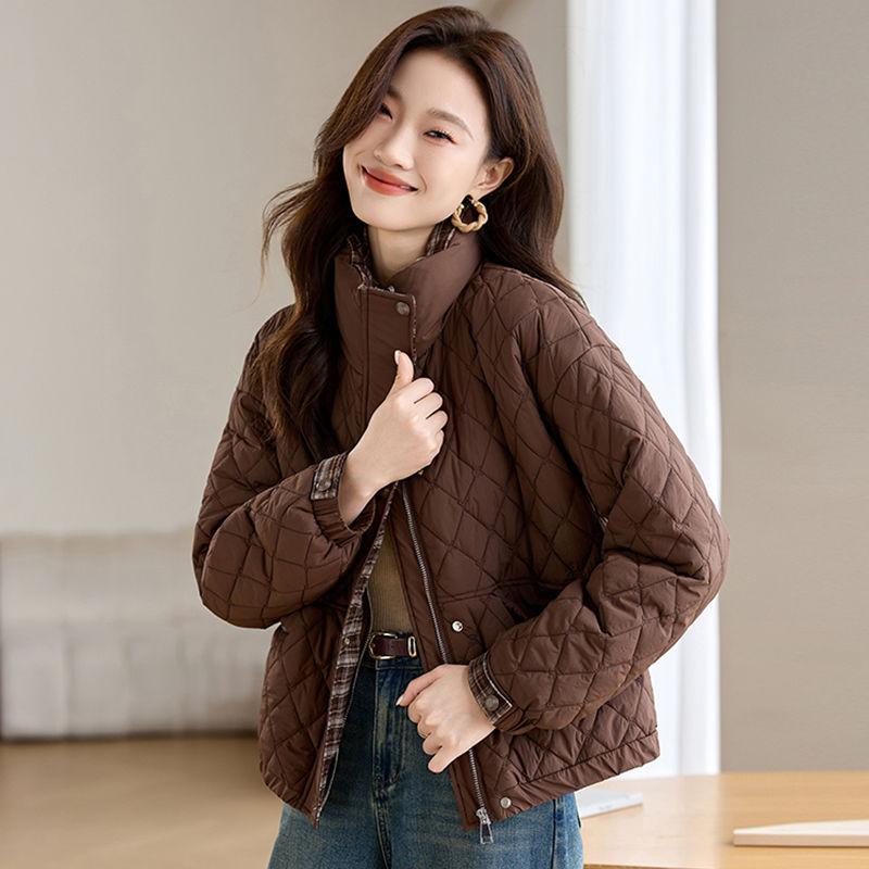 Fashionable Loose Fit Autumn Winter Stand Collar Diamond Grid Thin Cotton Coat, Middle-aged and Elderly Cotton Jacket