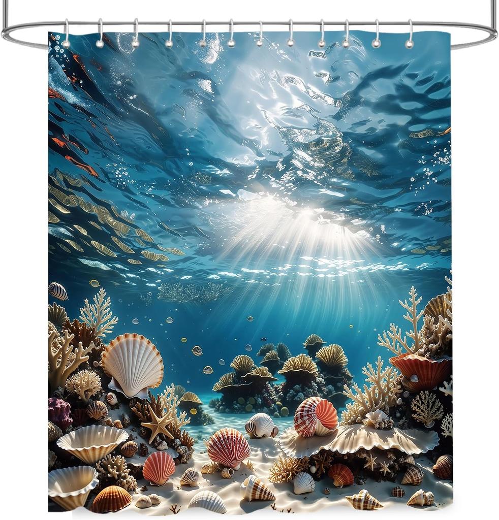 Nautical Coastal Shower Curtain, Ocean Themed Shell Coral Underwater Shower Curtain for Bathroom, Tropical Beach Coastal Sea