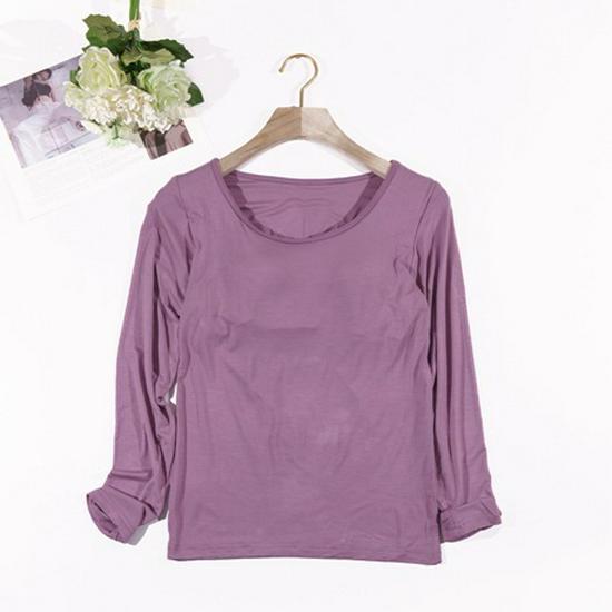 Damen Einfarbiges Langarm-Top mit eingebautem BH-Cup – Schlichter Herbst-/Winter-Stil