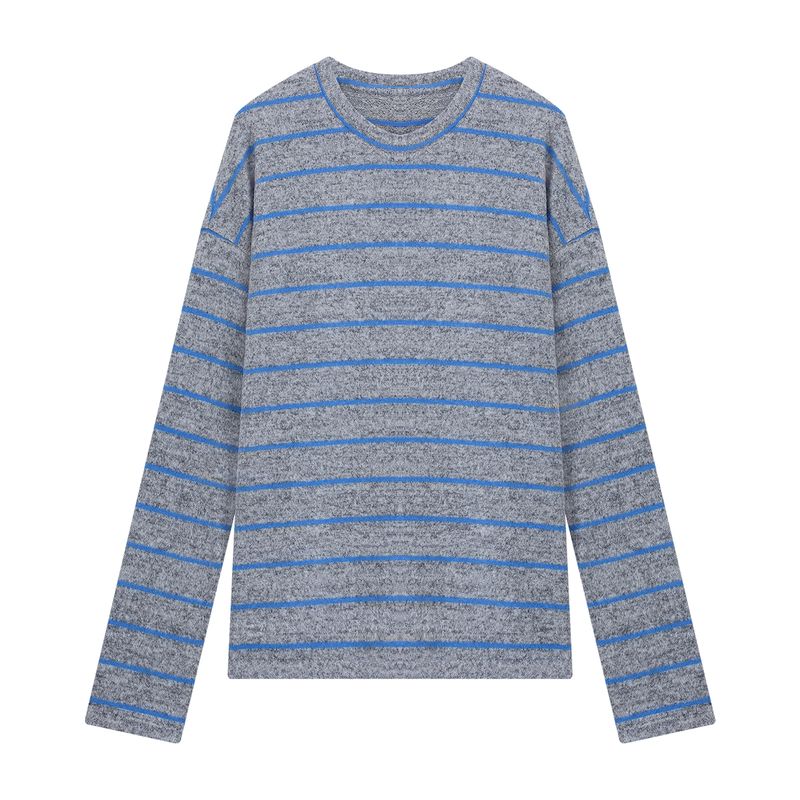 Lazy round Neck Pullover Long Sleeves T-shirt Elegant Bottoming Shirt Women's Autumn Loose Easiest for Match Casual Contrast Color Stripes Tops