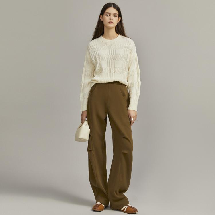 ELLE High-Waisted Loose Straight Leg Casual Pants Women Bottoms Khaki EK36655