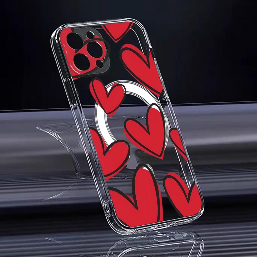 INS Fashion Heart Phone Case For iPhone 17 16 15 14 13 12 Pro Max Plus With Magnetic Crystal Clear Case Wireless Charge