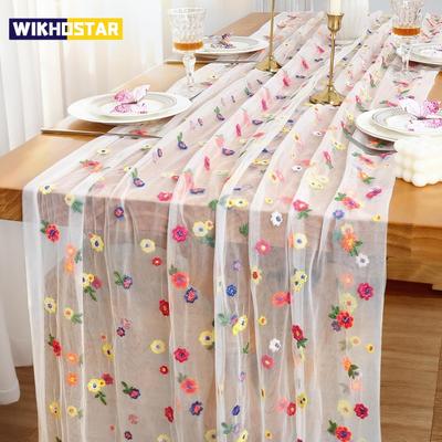 Embroidery Daisy Table Runner Floral Embroidered Lace Tulle Runner Colorful Flower Table Cover for Bridal Shower Birthday Party