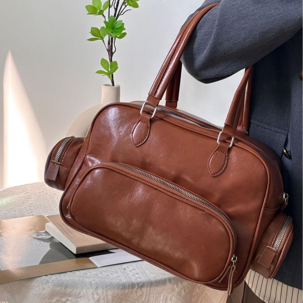 Single Shoulder Retro Brown Bowling Bag Autumn Winter New Versatile Casual Large Bag Commuting Simple Multi-Pocket Handbag