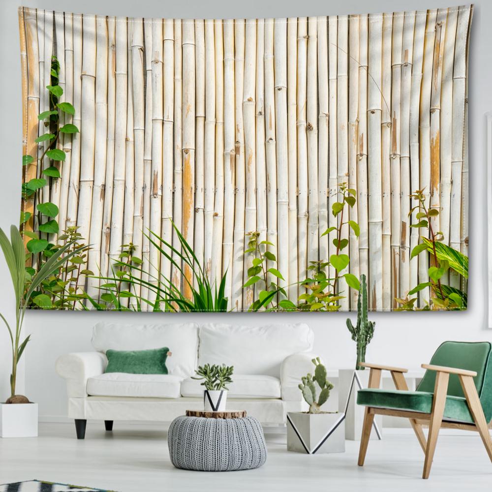 

Beige bamboo forest green plant printed tapestry, spring and summer fresh style room bedroom study living room wall decoration w 95x70cm