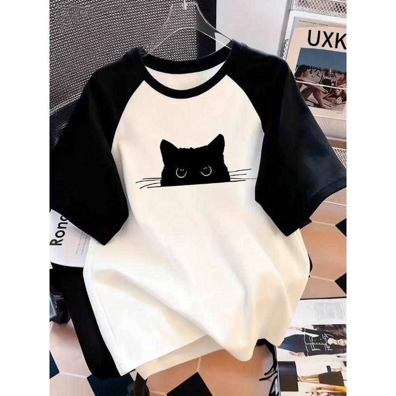 Kawaii T Shirt Retro Black Cat Letter Print Crew Neck T-Shirt Casual Short Sleeve Top for Spring Summer Women's Clothing