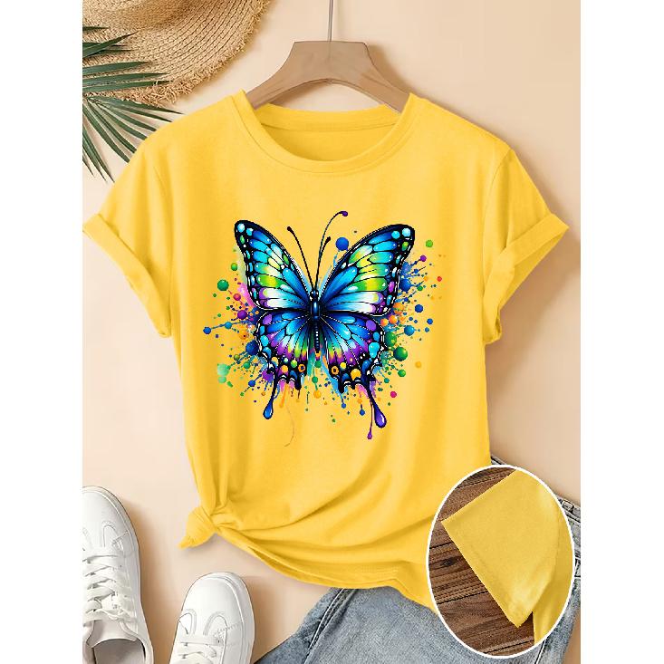Women s Elegant Short-Sleeve Gift with Rainbow Splash-Ink Butterfly Watercolor Print Pattern and Vintage Round Neck T Fresh and natural style S жёлтый
