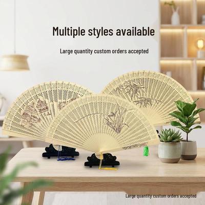 Sandalwood Chinese-Style Folding Fan - Hollowed Craft with Engraved Logo and Characters, Perfect Ancient-Style Gift for Travel