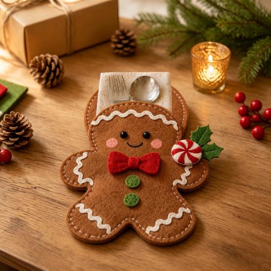 Christmas Cutlery Holder Felt DIY Kit, Holiday Flatware Pouch Craft Set, Handmade Utensil Sleeve for Dinner Table, Xmas Party