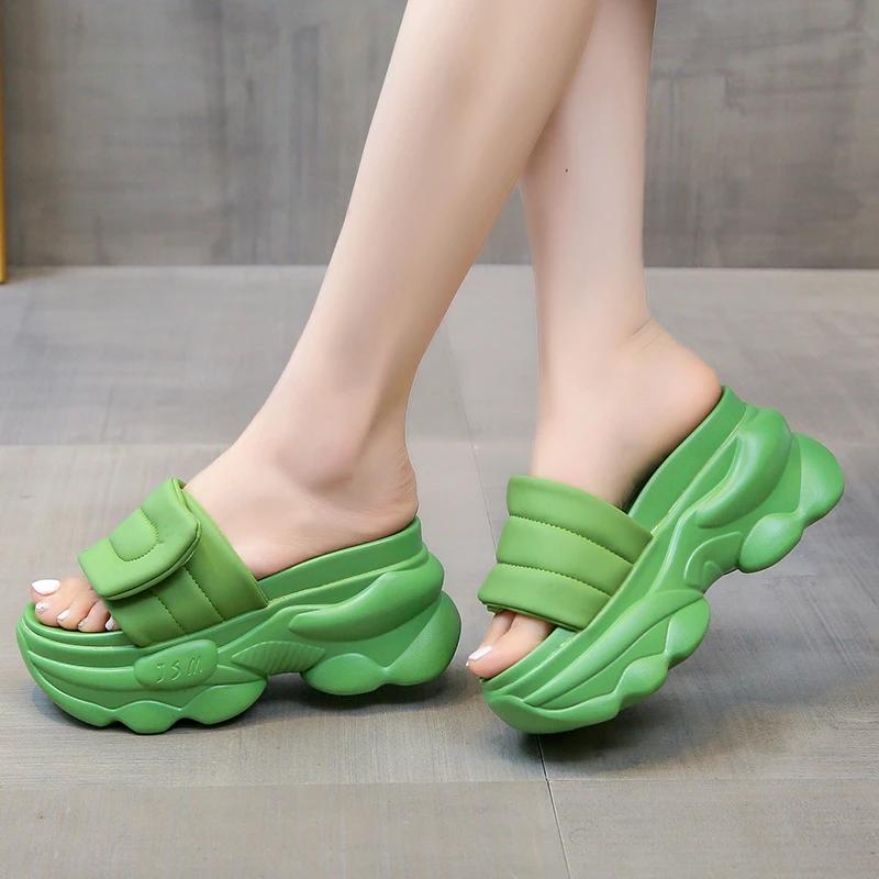 Fashion 2024 Thick Bottom Female Flip Flops 8CM Heels Chunky Platform Slippers for Women Open Toe Leather Wedges Sandals Woman Summer