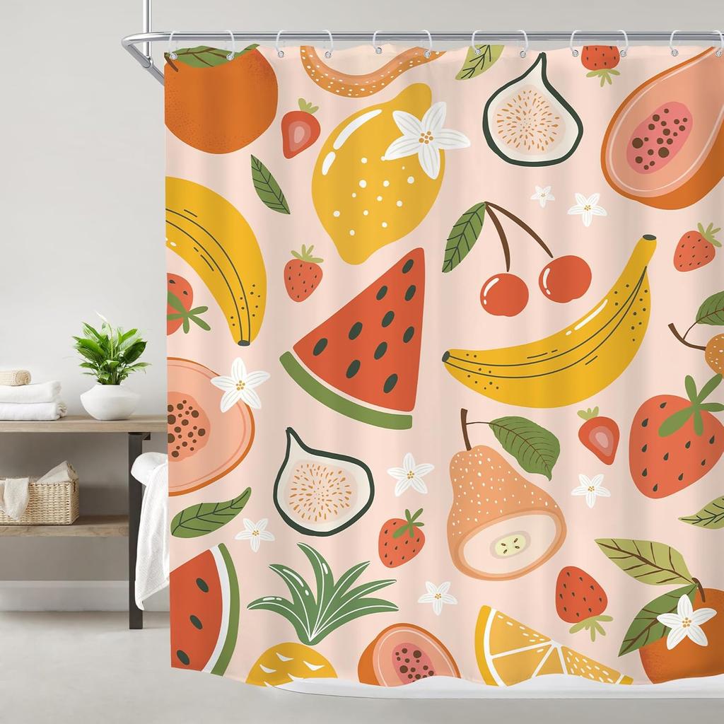 Fruit Summer Shower Curtain Strawberry Watermelon Tropical Kids Cute Papaya Lemon Pitaya Cherry Cartoon Colorful Waterproof