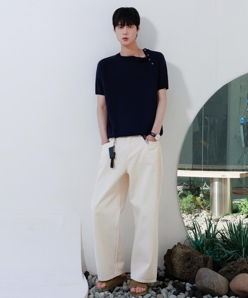 NODU Shoulder Button Raglan Crop Half Knit [Navy]