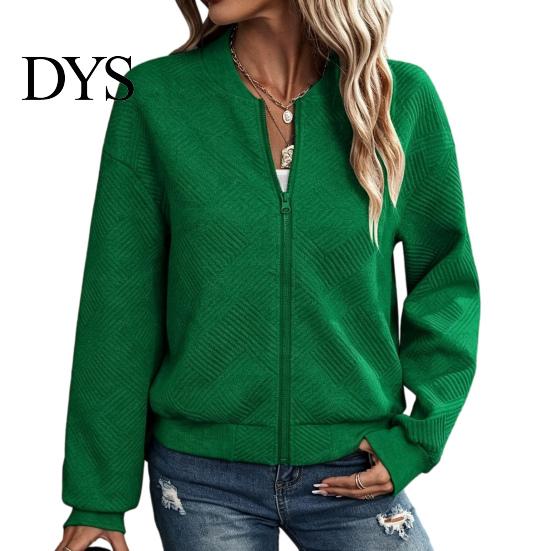 Comfortable Women Workwear Fall Winter Zip-Up Jacket, Solid Color Long Sleeve Casual Jacket Outwear, Round Neck Autumn Coat with Ribbed Collar