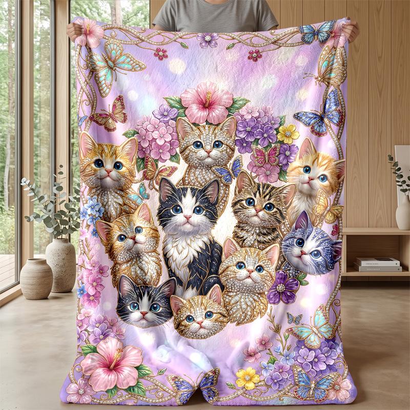 Kittens and Butterflies Theme blanket Lightweight Warm Flannel Blanket Decorative Throw Blanket for Home Decoration
