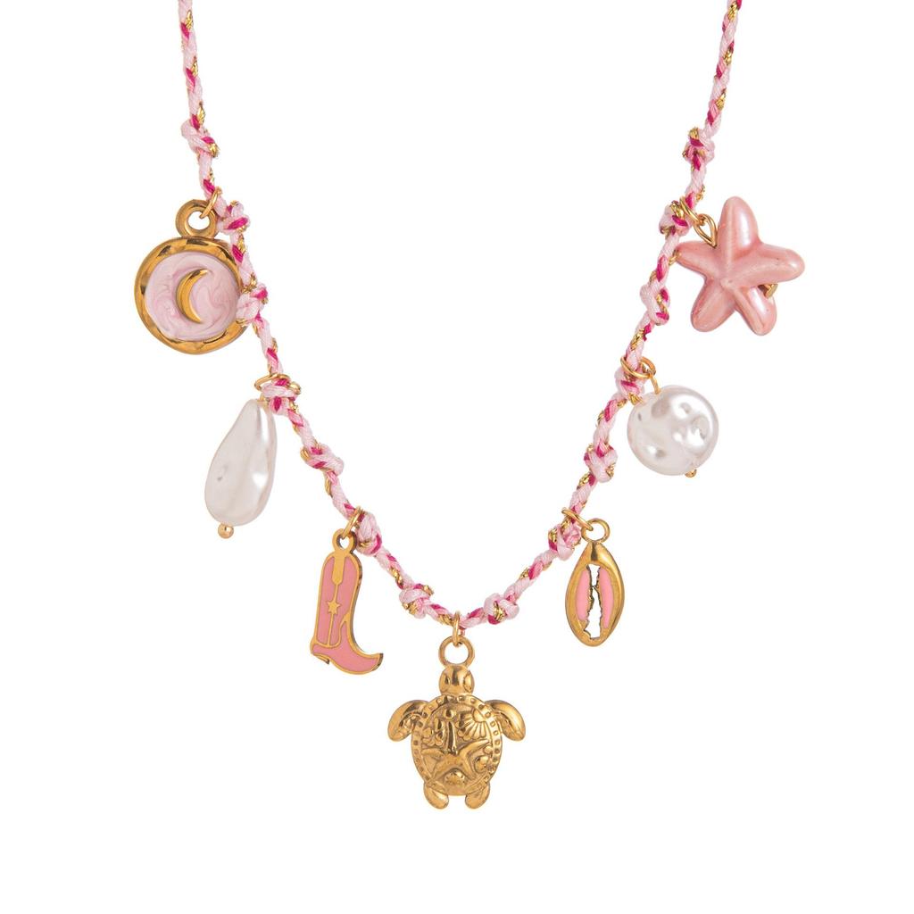 Collar de Perlas de Dopamina en Forma de Corazón con Colgante de Estrella de Mar Multicolor en Acero Inoxidable.